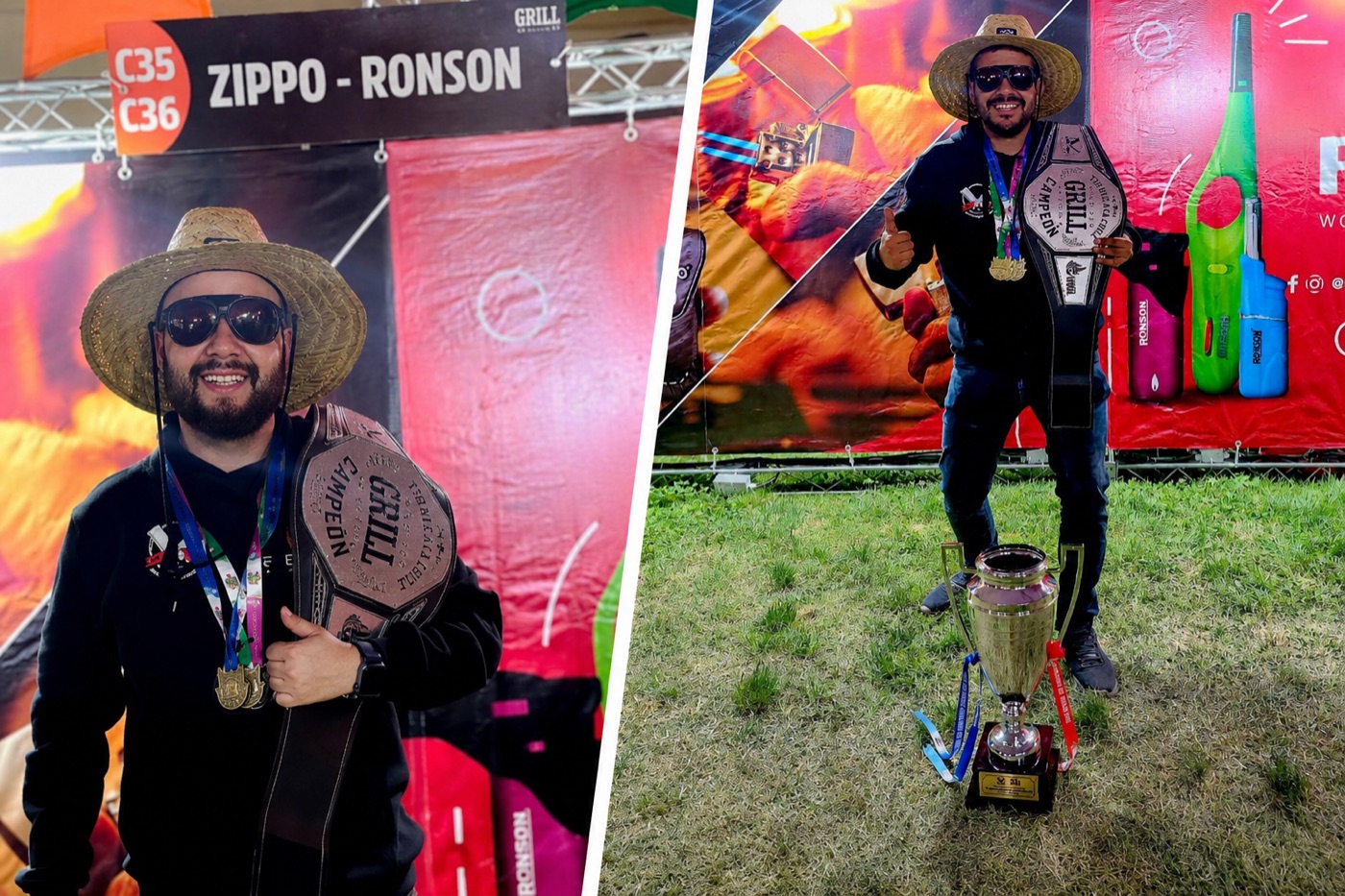 Parrillero de Eventos de Fuego posando con el cinturón de campeón Grill Campeón y trofeo de competencia
